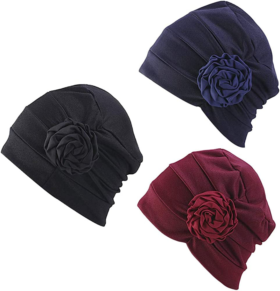 Chemo Headwear Turban Head Wrap Flower Beanie Scarf Cap Hair Loss Hat for Cancer Apparel & Accessories > Clothing Accessories > Headwear LUFUTE 1f- Black+navy+wine  
