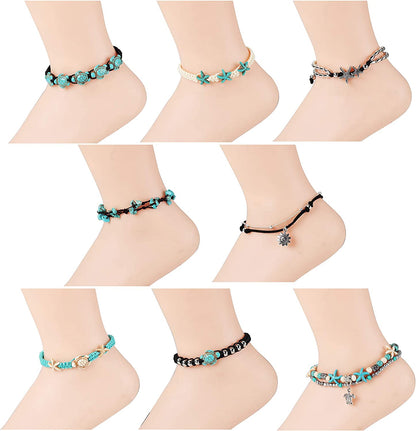 Finrezio 8-12PCS Anklets for Women Girls Adjustable Boho Turtle Starfish Beach Ankle Bracelets Foot Jewelry Set Handmade Apparel & Accessories > Jewelry > Anklets FINREZIO   