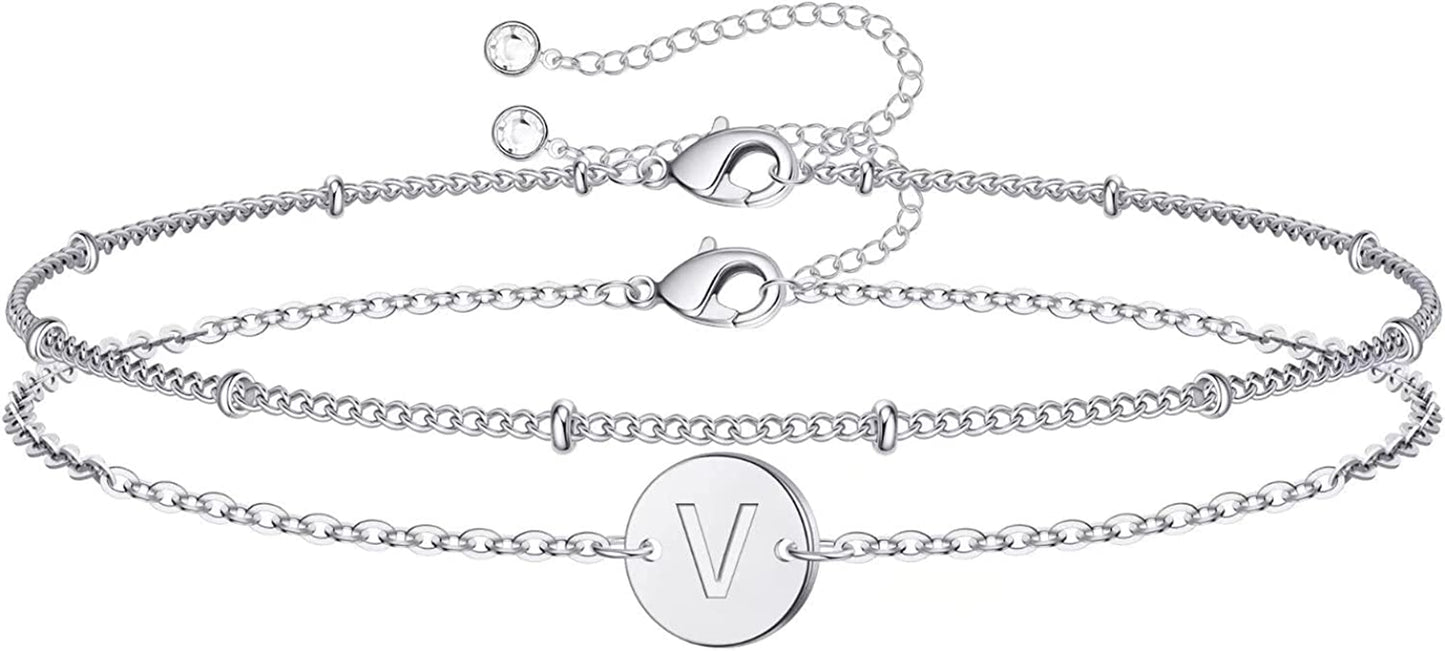 Silver Initial Bracelets for Women Teen Girls, 14K White Gold Filled Layered Letter Initial Bracelet Dainty Disc Initial Charm Bracelets Silver Bracelets for Women Girls Jewelry Gifts for Girls Apparel & Accessories > Jewelry > Bracelets MONOZO V  