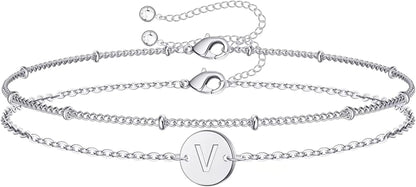 Silver Initial Bracelets for Women Teen Girls, 14K White Gold Filled Layered Letter Initial Bracelet Dainty Disc Initial Charm Bracelets Silver Bracelets for Women Girls Jewelry Gifts for Girls Apparel & Accessories > Jewelry > Bracelets MONOZO V  