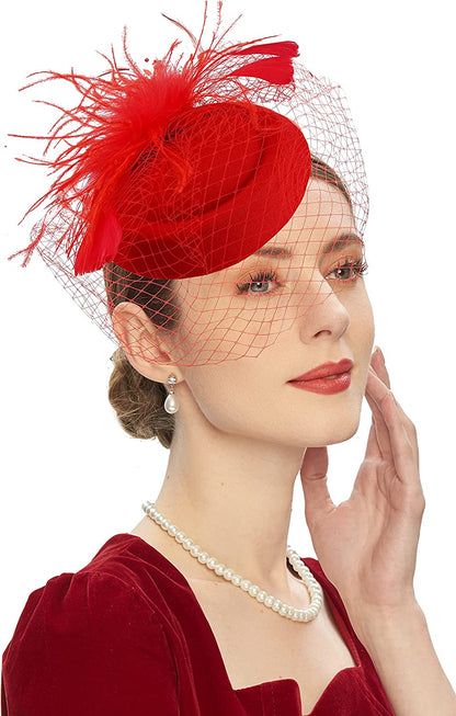 Fascinators Hats 20S 50S Hat Pillbox Hat Cocktail Tea Party Headwear with Veil for Girls and Women Apparel & Accessories > Clothing Accessories > Headwear Cizoe B-red  
