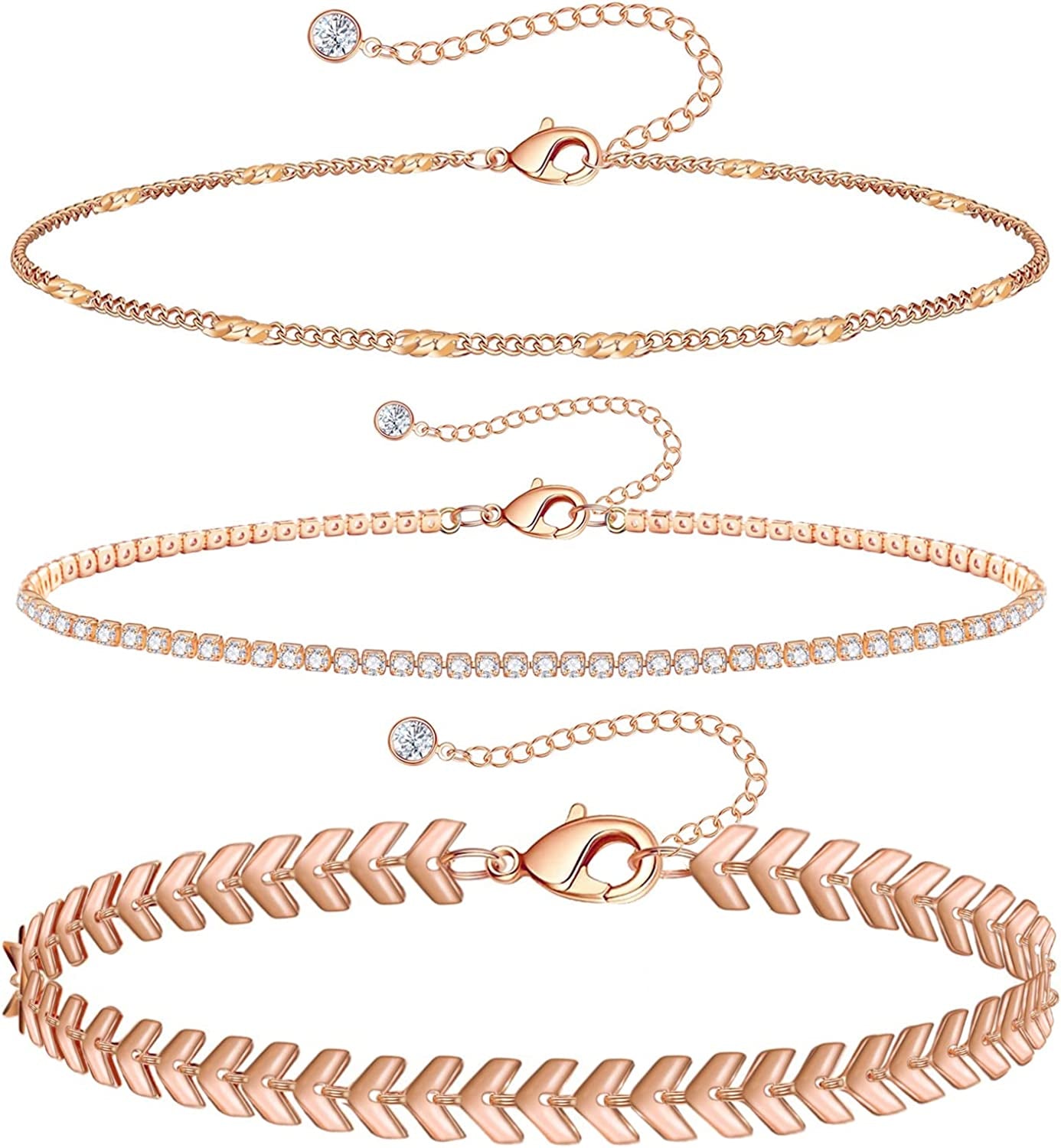 Gold Ankle Bracelets for Women 14K Gold Plated Anklet Silver Rose Gold Evil Eye Tennis Crystal Cubic Zirconia Faux Diamond Rhinestone Anklet Dainty Layered Anklet Set 3Pcs Apparel & Accessories > Jewelry > Anklets Vermeyen C-Rose Gold Fishbone  