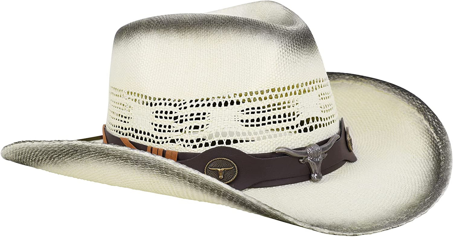 Livingston Men & Women'S Woven Straw Cowboy Hat W/Hat Band Apparel & Accessories > Clothing Accessories > Hats KYLIE MAX Bull_ivory  