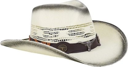 Livingston Men & Women'S Woven Straw Cowboy Hat W/Hat Band Apparel & Accessories > Clothing Accessories > Hats KYLIE MAX Bull_ivory  