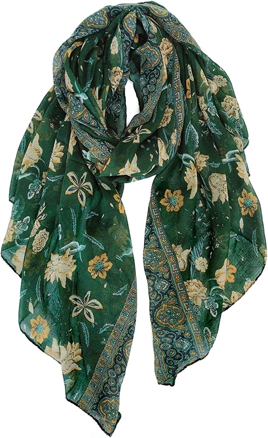 GERINLY Lightweight Scarves Fashion Flowers Print Women Cotton Wrap Scarf Head Shawl for Fall Apparel & Accessories > Clothing Accessories > Scarves & Shawls GERINLY Darkgreen  