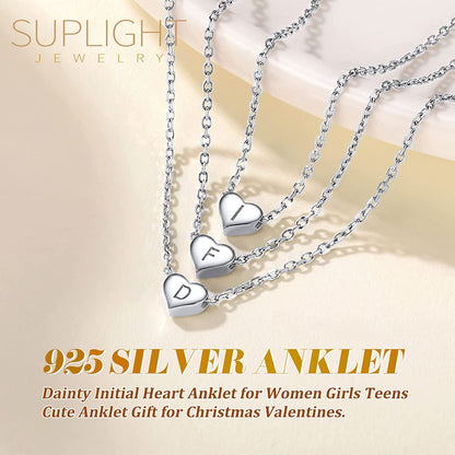Suplight 925 Sterling Silver A-Z Initial Heart Anklets, Dainty Ankle Bracelets Beach Jewelry for Women Girls (With Gift Box) Apparel & Accessories > Jewelry > Anklets Suplight Jewelry   