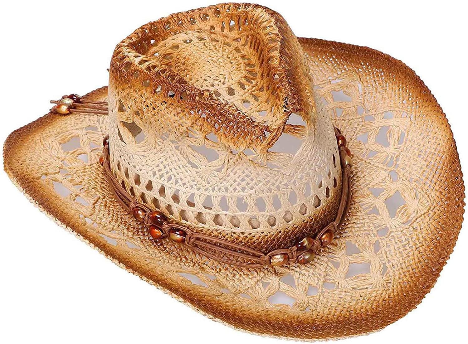 Livingston Men & Women'S Woven Straw Cowboy Hat W/Hat Band Apparel & Accessories > Clothing Accessories > Hats KYLIE MAX Bead_brown  