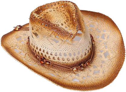 Livingston Men & Women'S Woven Straw Cowboy Hat W/Hat Band Apparel & Accessories > Clothing Accessories > Hats KYLIE MAX Bead_brown  