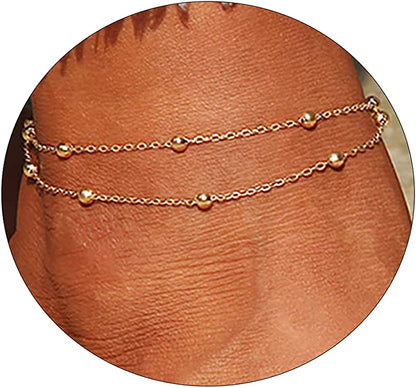 Kyerlyn Dainty Simple Chain Anklet for Women 18K Gold/Silver Plated Summer Beach Beaded Evil Eye Moon Figaro Butterfly Satellite Cuban Pearl Flat Marina Anklet Gift Apparel & Accessories > Jewelry > Anklets Kyerlyn Layered Beaded Big -Gold  