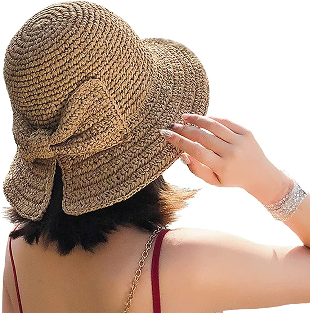 Foldable Wide Brim Floppy Straw Beach Sun Hat,Summer Cap with Bowknot for Women Girls,Strap Adjustable Apparel & Accessories > Clothing Accessories > Hats Bseash 1 Pack Khaki  