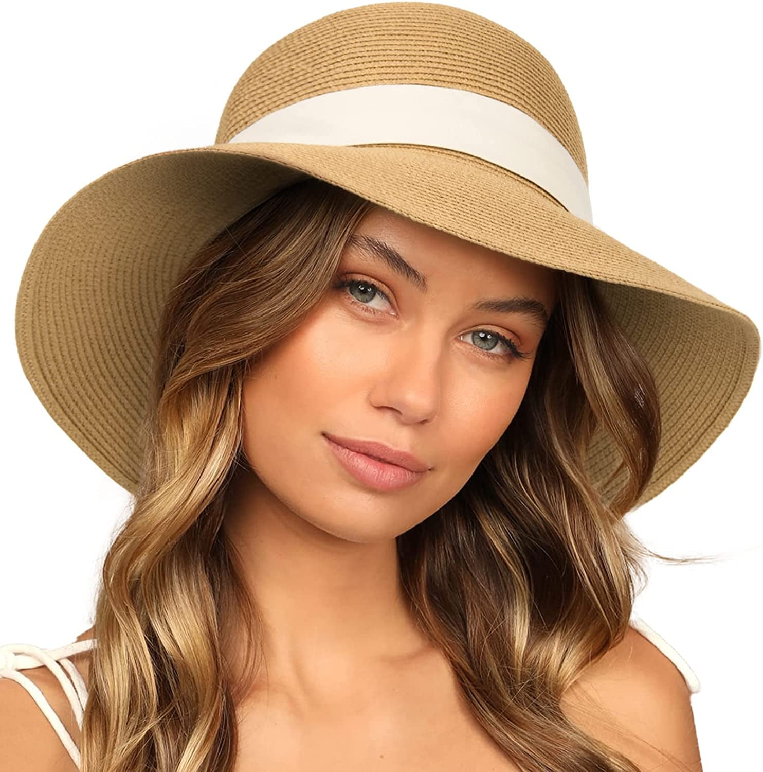 FURTALK Sun Hats for Women Wide Brim Straw Hat Beach Hat UPF UV Foldable Packable Cap for Travel Apparel & Accessories > Clothing Accessories > Hats KYLIE MAX Khaki+beige Ribbon Medium 