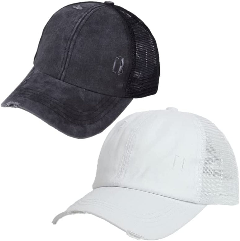 Criss Cross Ponytail Hat Washed Distressed Women Mesh Baseball Caps Messy Bun Ponycaps Apparel & Accessories > Clothing Accessories > Hats Didida A(black&white)  