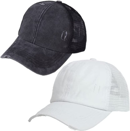 Criss Cross Ponytail Hat Washed Distressed Women Mesh Baseball Caps Messy Bun Ponycaps Apparel & Accessories > Clothing Accessories > Hats Didida A(black&white)  