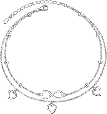 Flyow Anklet for Women S925 Sterling Silver Adjustable Foot Beaded Heart Charm Ankle Bracelet Anklets Jewelry Apparel & Accessories > Jewelry > Anklets FLYOW infinity dangle heart  