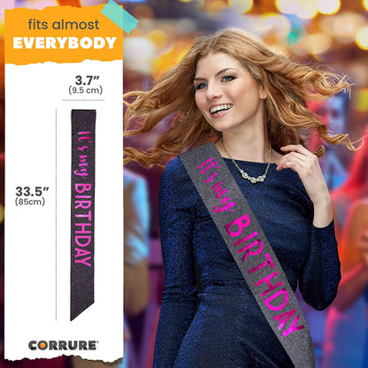 CORRURE 'It'S My Birthday' Sash Glitter with Pink Foil - Black Glitter Happy Birthday Sash for Women - Party Favors Supplies and Decorations for Sweet 16, 18Th 21St 30Th 40Th or Any Bday Party Apparel & Accessories > Clothing Accessories > Sashes CORRURE   