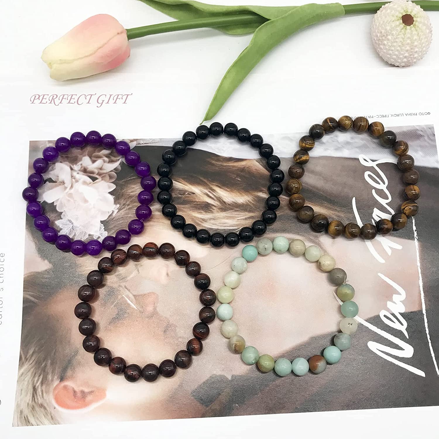 JEWPARK 12PCS 8Mm Semi-Precious Gemstone Bracelet Set Healing Crystal Stone Stretch Bracelets for Men Women round Beaded Elastic Bracelets Apparel & Accessories > Jewelry > Bracelets JEWPARK   