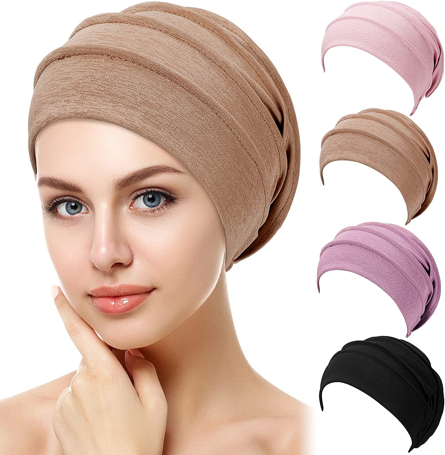 Syhood 4 Pieces Slouchy Beanies Hats Soft Cotton Sleep Cap Stretchy Sleeping Cap Headwear for Women Apparel & Accessories > Clothing Accessories > Headwear Syhood Black, Coffee, Pink, Purple  