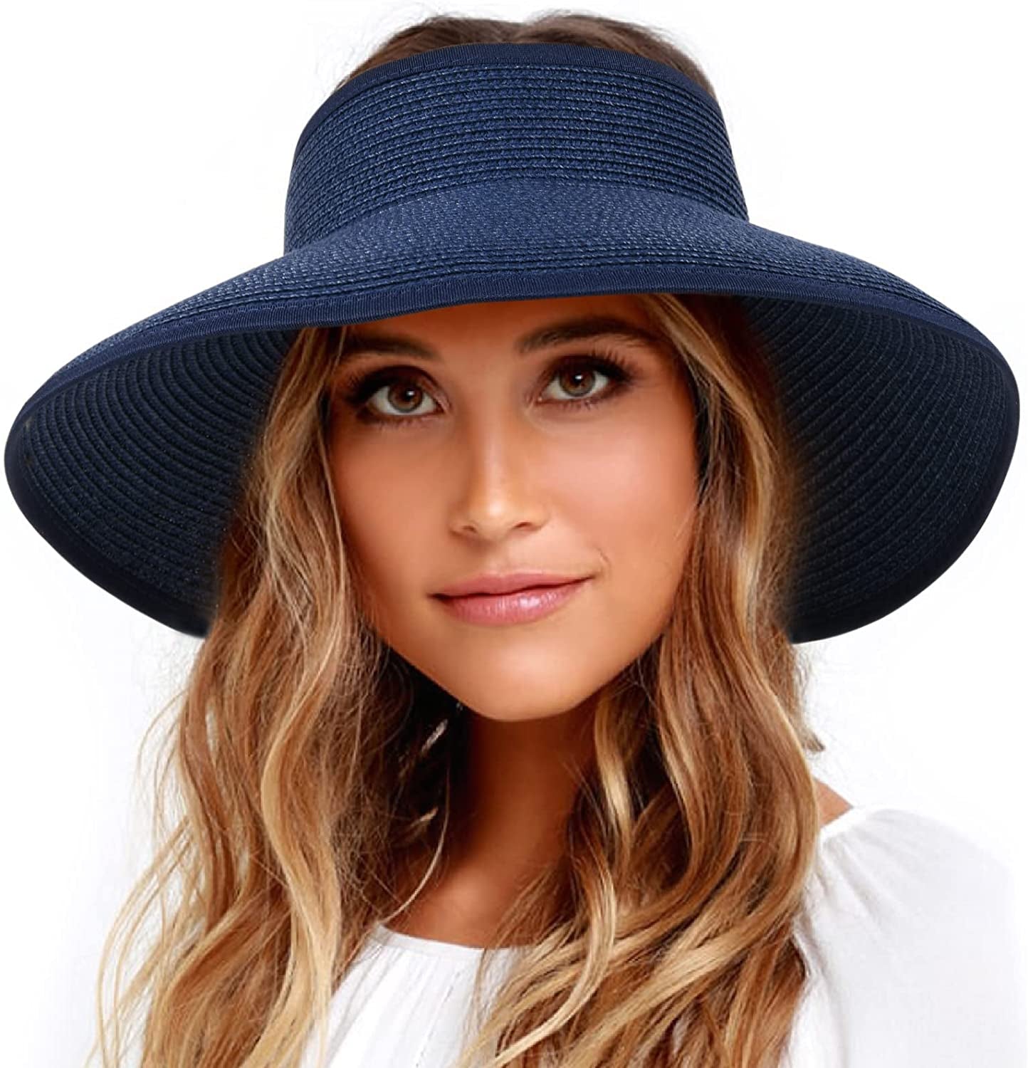 FURTALK Sun Visor Hats for Women Wide Brim Straw Roll up Ponytail Summer Beach Hat UV UPF Packable Foldable Travel Apparel & Accessories > Clothing Accessories > Hats KYLIE MAX Navy Medium 