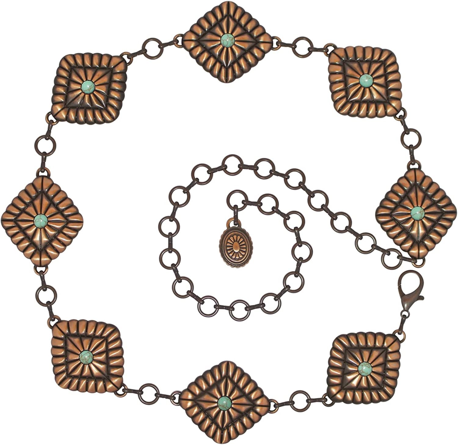 Turquoise Concho Chain Belt for Women, Western Metal Waist Chain for Ladies with Antique Copper Plating (Green Turquoise), 43.5 Inch Long Apparel & Accessories > Clothing Accessories > Belts Generic   