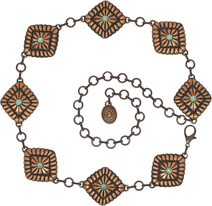 Turquoise Concho Chain Belt for Women, Western Metal Waist Chain for Ladies with Antique Copper Plating (Green Turquoise), 43.5 Inch Long Apparel & Accessories > Clothing Accessories > Belts Generic   