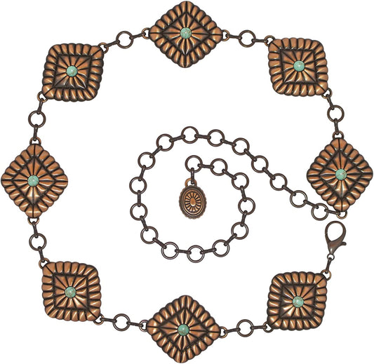 Turquoise Concho Chain Belt for Women, Western Metal Waist Chain for Ladies with Antique Copper Plating (Green Turquoise), 43.5 Inch Long Apparel & Accessories > Clothing Accessories > Belts Generic   