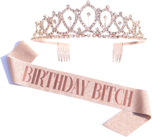 Birthday Bitch Sash & Rhinestone Tiara Kit - Rose Gold Birthday Gifts Glitter Birthday Sash Birthday Party Favors Apparel & Accessories > Clothing Accessories > Sashes ADBetty   