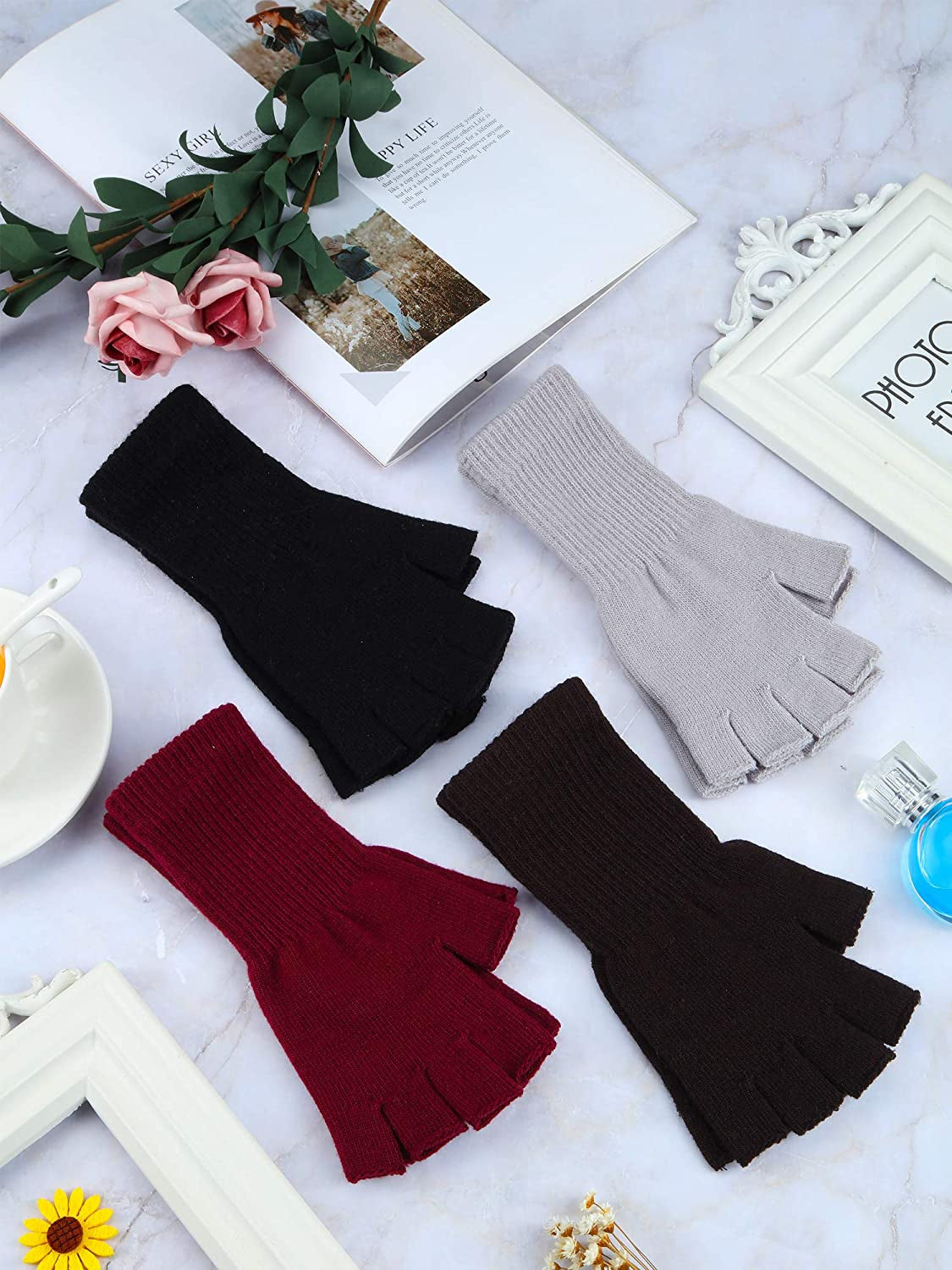 Unisex Half Finger Gloves Winter Stretchy Knit Fingerless Typing Gloves for Women Apparel & Accessories > Clothing Accessories > Gloves & Mittens SATINIOR   