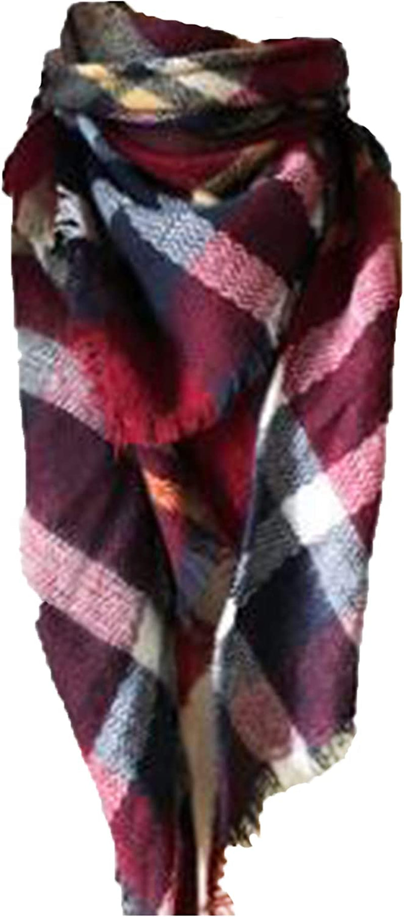Wander Agio Womens Warm Long Shawl Winter Wraps Large Scarves Knit Cashmere Feel Plaid Triangle Scarf Apparel & Accessories > Clothing Accessories > Scarves & Shawls Wander Agio Wine Red 25  