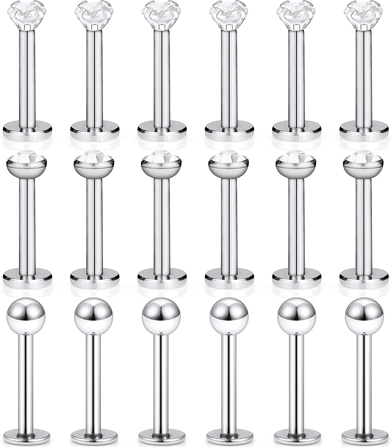 SCERRING 18PCS 16G Stainless Steel Clear Cubic Zirconia Labret Monroe Lip Tragus Cartilage Helix Earring Ring Body Piercing Jewelry 6Mm 8Mm 10Mm Apparel & Accessories > Jewelry > Body Jewelry SCERRING 8mm Silver  