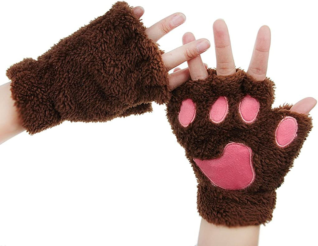Fakeface Cute Cat Kitten Paw Fingerless Faux Fur Plush Gloves for Girls Women Apparel & Accessories > Clothing Accessories > Gloves & Mittens FakeFace Brown  