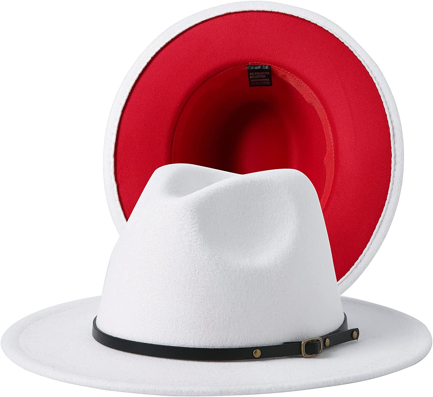 JOYEBUY Women Lady Two Tone Wide Brim Panama Hat Patchwork Colors Classic Fedora Hat with Belt Buckle Apparel & Accessories > Clothing Accessories > Hats JOYEBUY White/Red One Size 