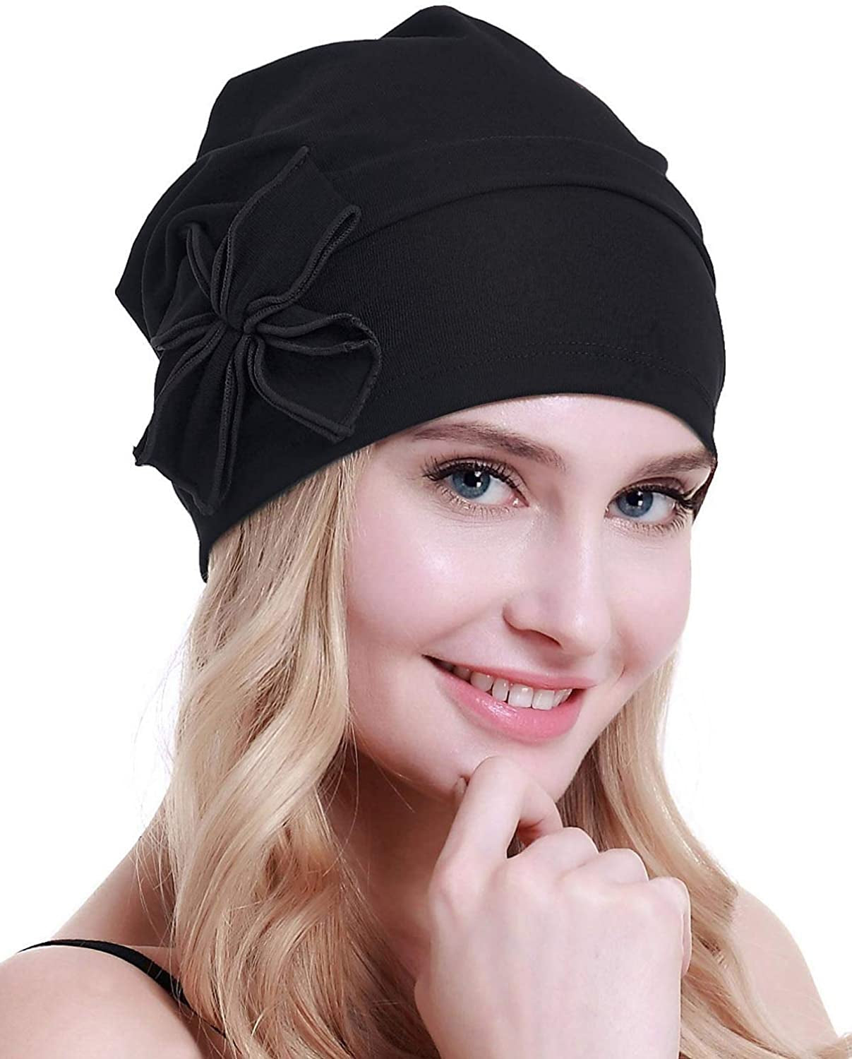 Osvyo Cotton Chemo Turbans Headwear Beanie Hat Cap for Women Cancer Patient Hairloss Apparel & Accessories > Clothing Accessories > Headwear osvyo Cotton Black One Size 