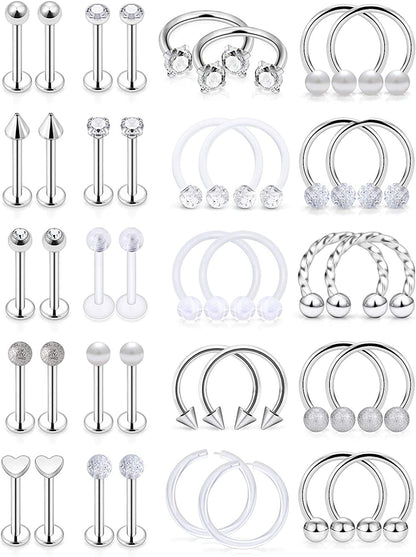 Hoeudjo 16G Surgical Steel Lip Rings Clear Diamond CZ Labret Studs Tragus Horseshoe Ring Helix Hoop Earring Body Jewelry Piercing Retainer for Women Men 8Mm Apparel & Accessories > Jewelry > Rings Hoeudjo 40pcs 16g silver-tone 8.0 Millimeters 