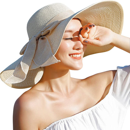 Lanzom Womens 5.5 Inches Big Bowknot Straw Hat Large Floppy Foldable Roll up Beach Cap Sun Hat UPF 50+ Apparel & Accessories > Clothing Accessories > Hats Lanzom Beige One Size 