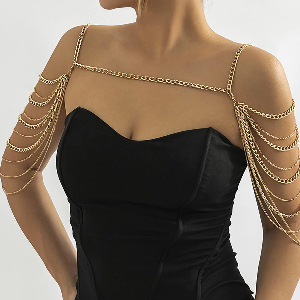Missgrace Bride Women Shiny Statement Tassel Body Chain Jewelry Shawl Silver Gold Dainty Body Jewelry Layered Shoulder Chain Wedding Party Nightclub Body Accessories Jewelry for Women Bride (Gold) Apparel & Accessories > Jewelry > Body Jewelry Missgrace   
