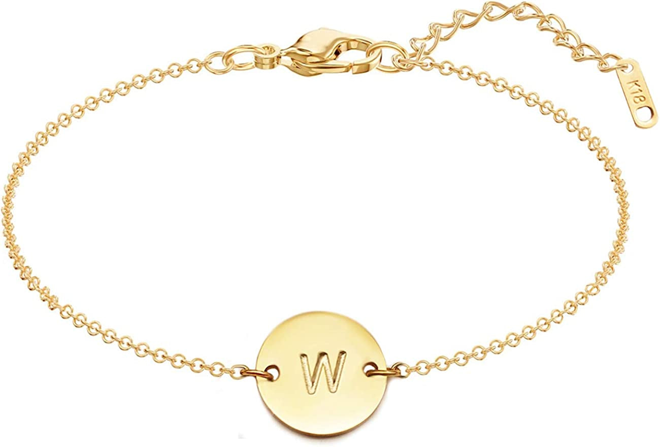 Glimmerst Personalized Initial Bracelet, 18K Gold Plated Stainless Steel Letter Bracelet Dainty Coin Charm Bracelet Delicate Disc Name Bracelet for Women Girls Apparel & Accessories > Jewelry > Bracelets Glimmerst W  
