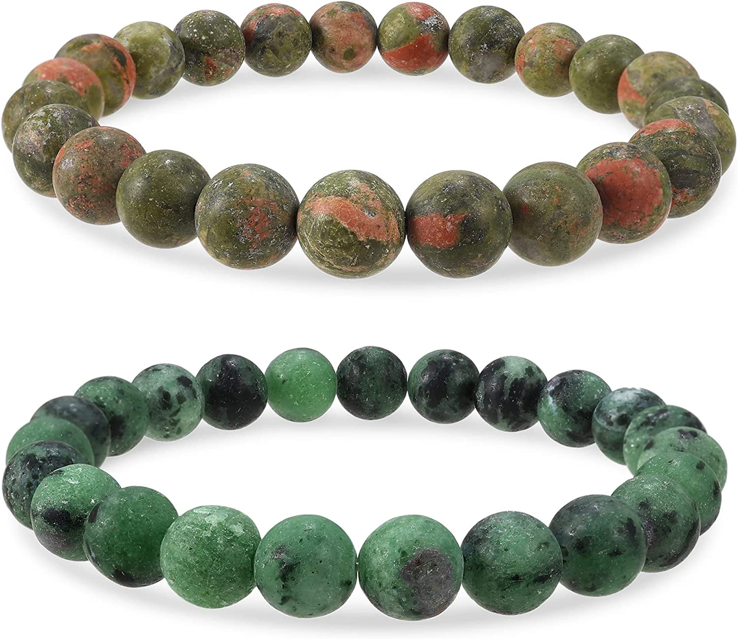 Bivei Natural Gem Semi Precious Reiki Healing Crystals Handmade 8Mm round Beads Stretch Bracelet Apparel & Accessories > Jewelry > Bracelets Bivei #2 PCS SET(Unakite+Green Agate(Frosted))  