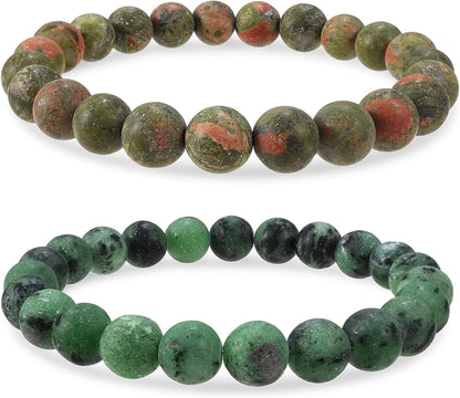 Bivei Natural Gem Semi Precious Reiki Healing Crystals Handmade 8Mm round Beads Stretch Bracelet Apparel & Accessories > Jewelry > Bracelets Bivei #2 PCS SET(Unakite+Green Agate(Frosted))  