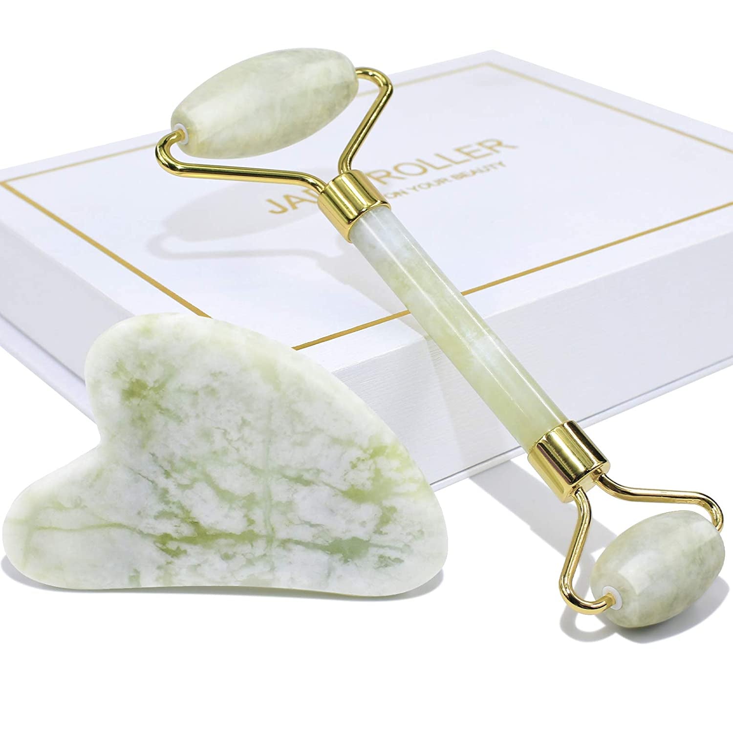 BAIMEI Jade Roller & Gua Sha Set Face Roller and Gua Sha Facial Tools for Skin Care Routine and Puffiness-Green Health & Beauty > Personal Care > Cosmetics > Cosmetic Tools > Skin Care Tools BAIMEI b-light green  