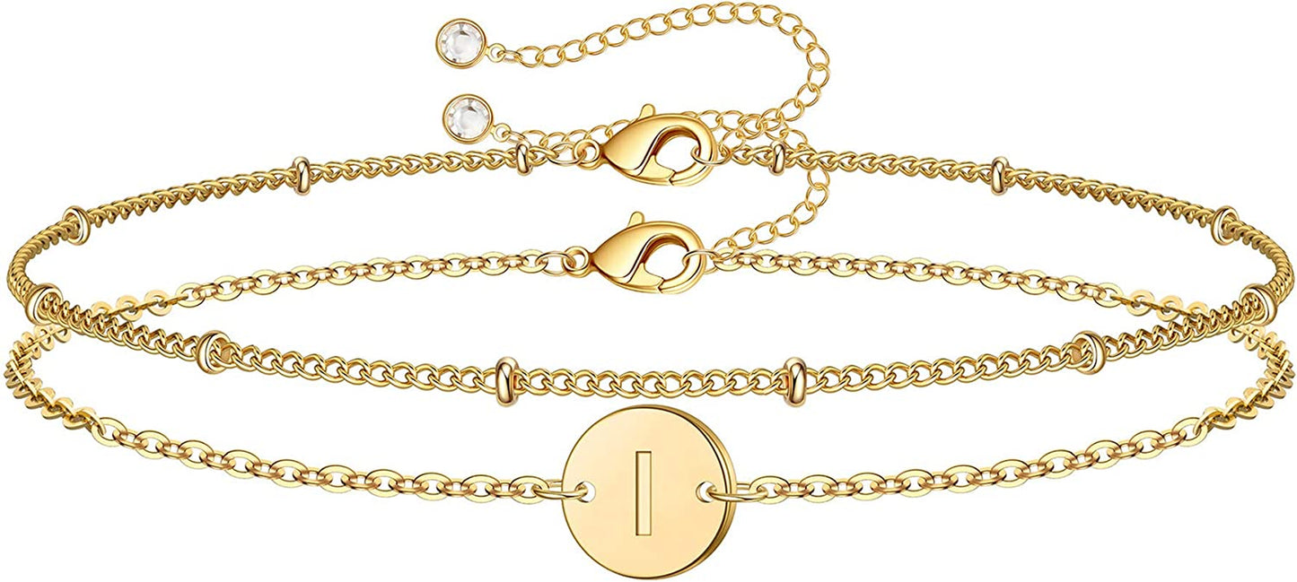 MONOZO Gold Initial Bracelets for Women, Dainty 14K Gold Filled Layered Beaded Letter Initial Bracelet Personalized 26 Alphabet Disc Monogram Charm Bracelet Jewelry Gifts for Girls Apparel & Accessories > Jewelry > Bracelets MONOZO I  