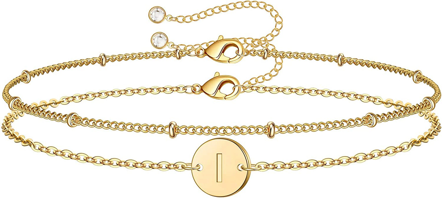 MONOZO Gold Initial Bracelets for Women, Dainty 14K Gold Filled Layered Beaded Letter Initial Bracelet Personalized 26 Alphabet Disc Monogram Charm Bracelet Jewelry Gifts for Girls Apparel & Accessories > Jewelry > Bracelets MONOZO I  