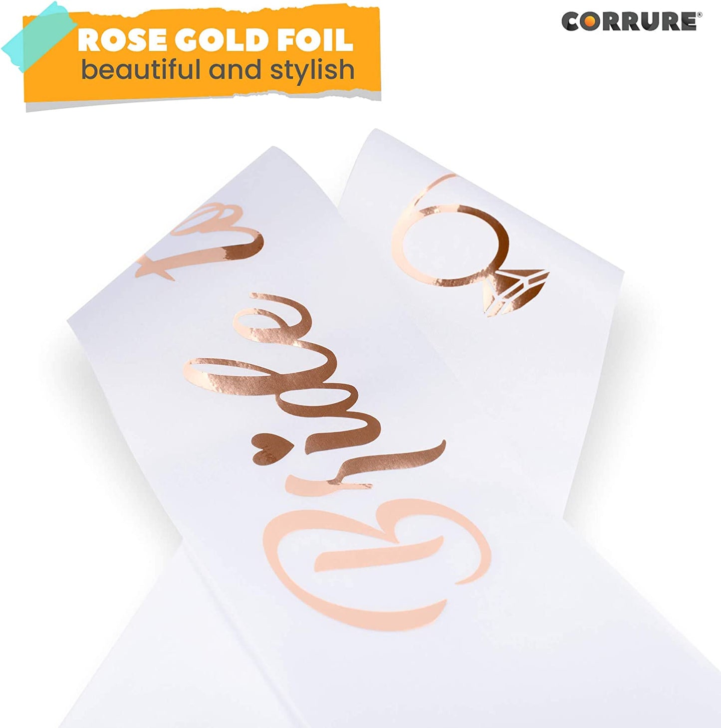 CORRURE 'Bride to Be' Bachelorette Party Sash - Bridal Shower White Satin Sash with Rose Gold Foil Lettering - Hen Party Decorations Supplies Accessories, Wedding Engagement Party Favors Gift Apparel & Accessories > Clothing Accessories > Sashes CORRURE   