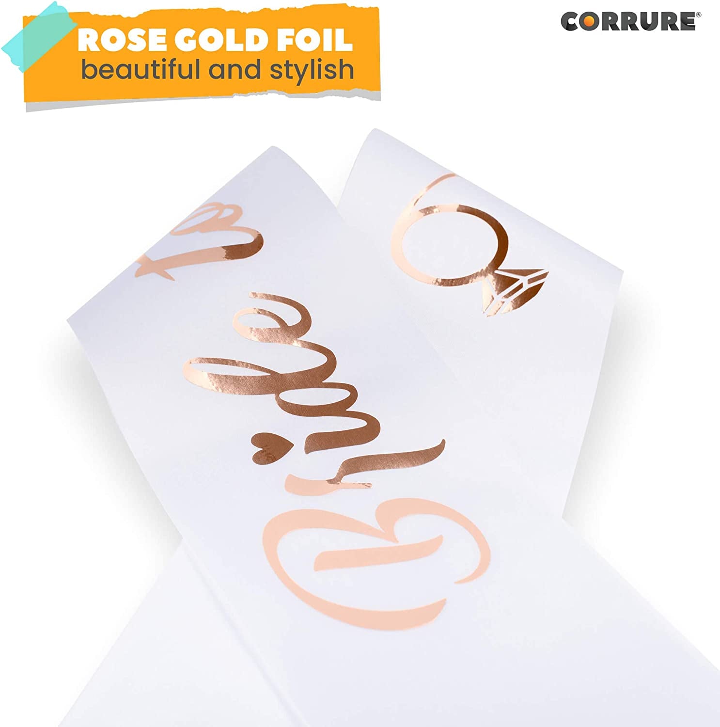 CORRURE 'Bride to Be' Bachelorette Party Sash - Bridal Shower White Satin Sash with Rose Gold Foil Lettering - Hen Party Decorations Supplies Accessories, Wedding Engagement Party Favors Gift Apparel & Accessories > Clothing Accessories > Sashes CORRURE   