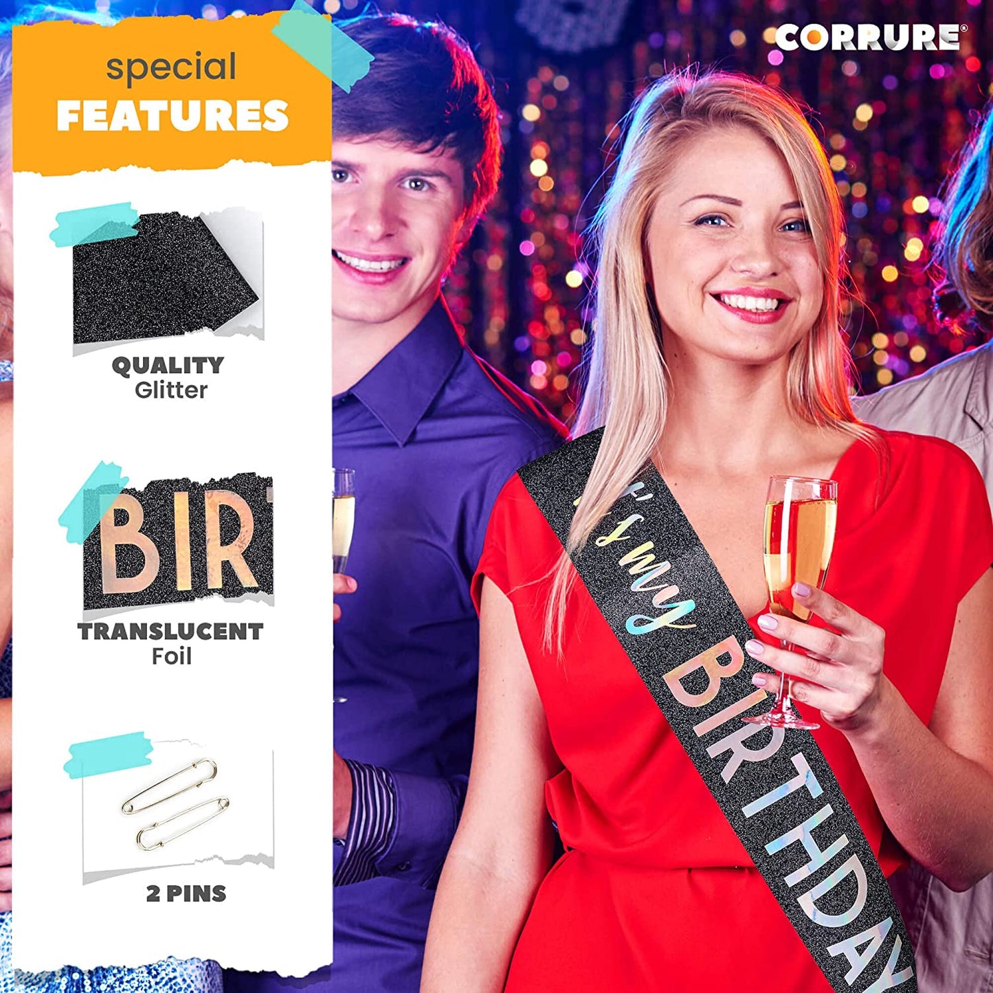 CORRURE 'It'S My Birthday' Sash Glitter with Multicolor Foil - Black Glitter Happy Birthday Sash for Women - Party Favors Supplies and Decorations for Sweet 16, 18Th 21St 30Th 40Th or Any Bday Party Apparel & Accessories > Clothing Accessories > Sashes CORRURE   