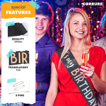 CORRURE 'It'S My Birthday' Sash Glitter with Multicolor Foil - Black Glitter Happy Birthday Sash for Women - Party Favors Supplies and Decorations for Sweet 16, 18Th 21St 30Th 40Th or Any Bday Party Apparel & Accessories > Clothing Accessories > Sashes CORRURE   