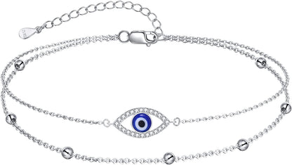 Evil Eye/Hamsa/Moon Star/Sunflower/Cross/Sea Turtle Ankle Bracelet 925 Sterling Silver Adjustable Anklets Jewelry Gifts for Women Apparel & Accessories > Jewelry > Anklets MONGAS Evil Eye  