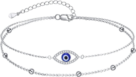 Evil Eye/Hamsa/Moon Star/Sunflower/Cross/Sea Turtle Ankle Bracelet 925 Sterling Silver Adjustable Anklets Jewelry Gifts for Women Apparel & Accessories > Jewelry > Anklets MONGAS Evil Eye  