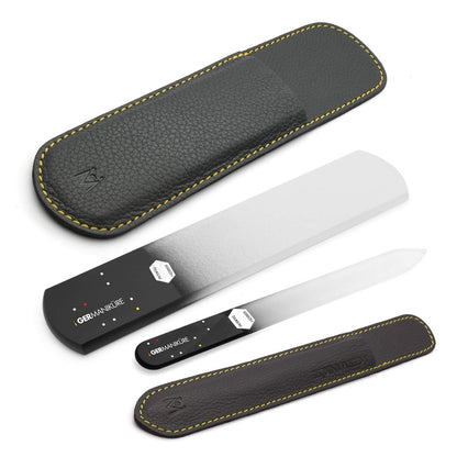 GERMANIKURE Black Glass Nail File & Pedicure Bar Set in Leather Cases - Ethically Made in Czech Republic - Professional Manicure & Pedicure Kit for Fingernail Care, Foot Callous & Dry Skin Removal Health & Beauty > Personal Care > Foot Care GERmanikure   