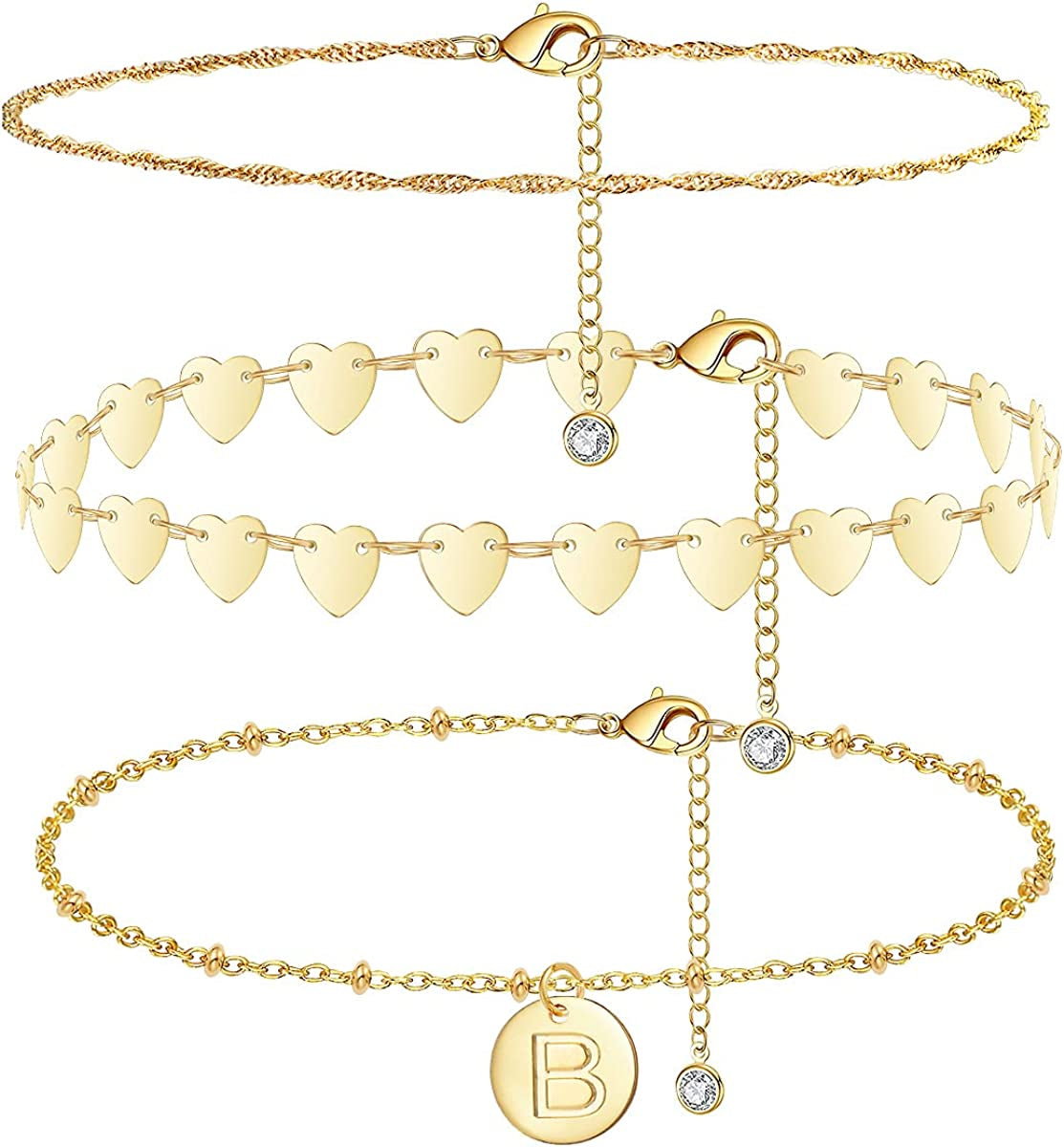 Initial Gold Ankle Bracelets for Women 14K Gold Plated Anklet Heart Chain Anklet Dainty Engraved a to Z Letter Charm Alphabet Satellite Beaded Layered Anklet Set 3Pcs Apparel & Accessories > Jewelry > Anklets Vermeyen B  