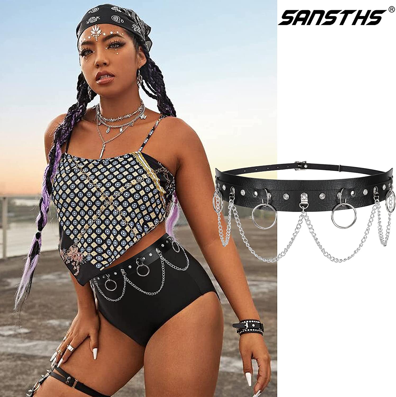 Punk Black Waist Chain Belt，Sansths 7 Layered Belly Body Chains Stylish Waist Belt Body Jewelry for Women and Girls (B-Black) Apparel & Accessories > Jewelry > Body Jewelry SANSTHS   